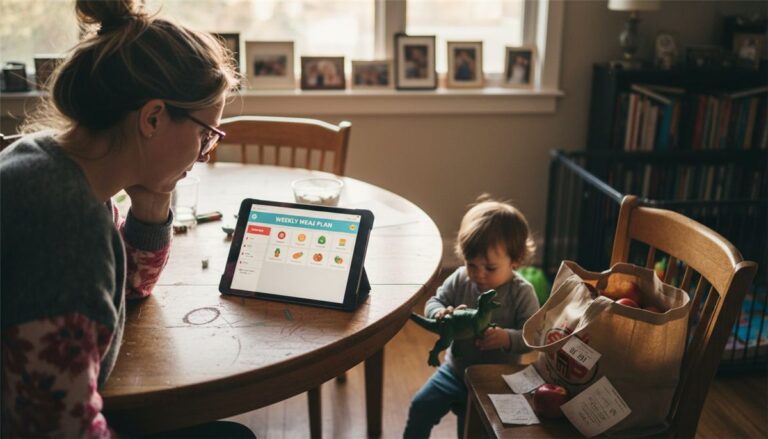 A woman looks at a tablet displaying a meal plan at a kitchen table, while a toddler plays with a toy dinosaur nearby. A grocery bag and receipts are on the table in a cozy, sunlit home.