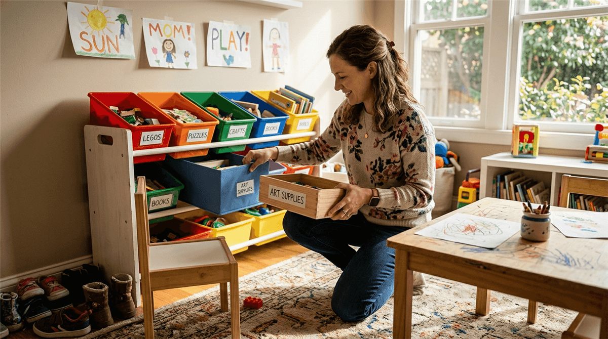 Mother organizing cluttered playroom shelves