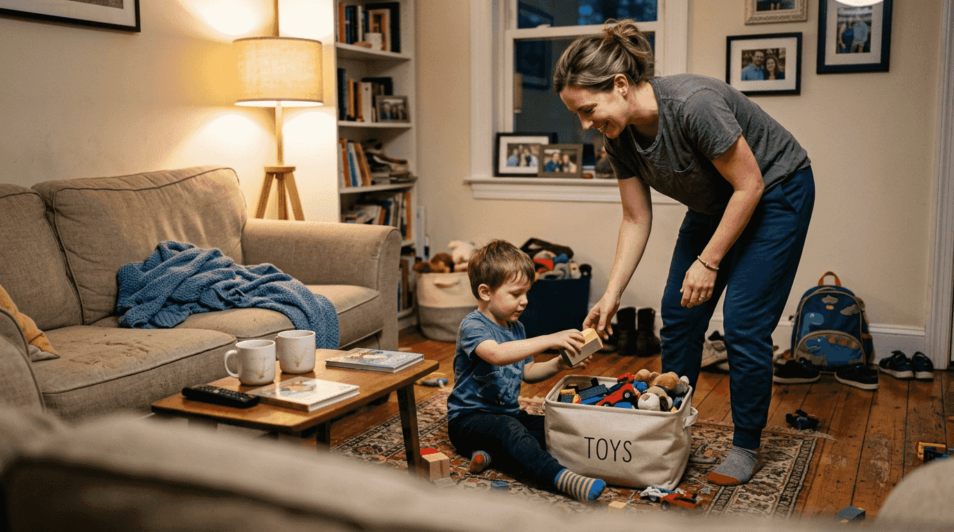 Family organizing living room together in evening