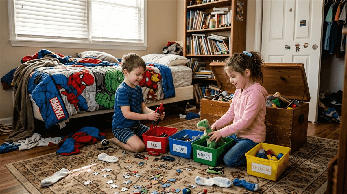 Kids sorting toys in messy bedroom