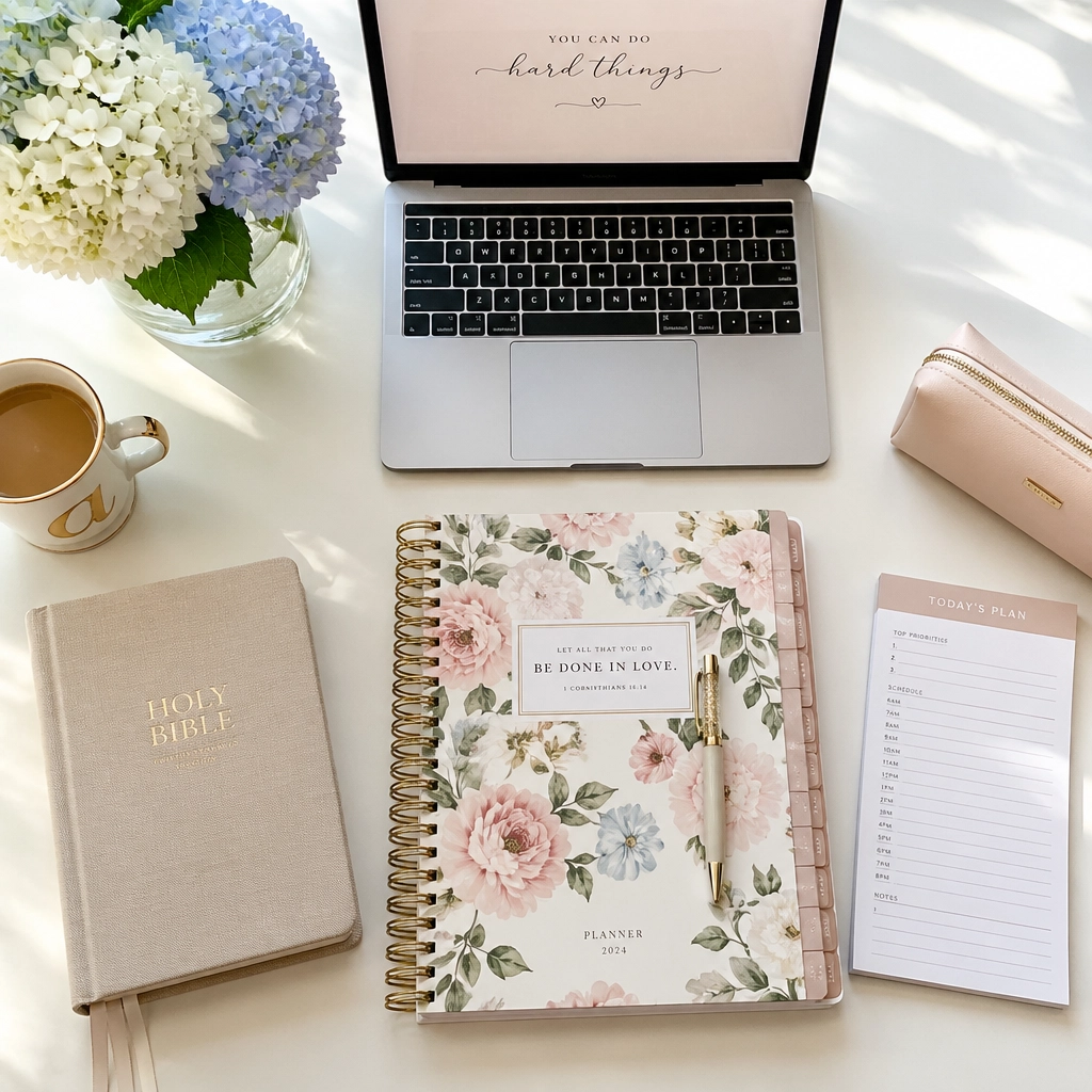 Organized home office desk with planner