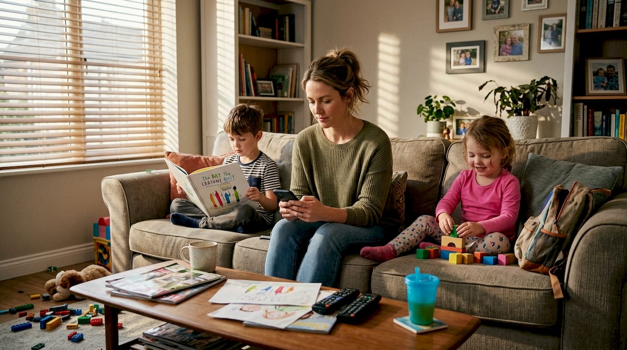 Family adapts flexible routine in living room