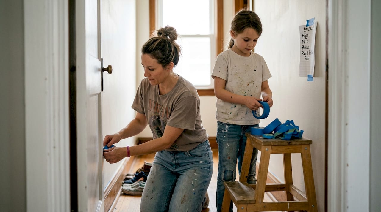 Child helping mom with hallway home improvement