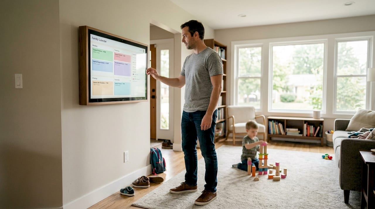 Parent reviewing wall-mounted family calendar