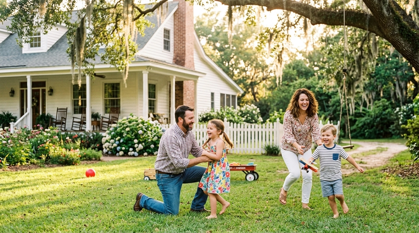 A happy traditional family playing in a sunny backyard, representing financial freedom