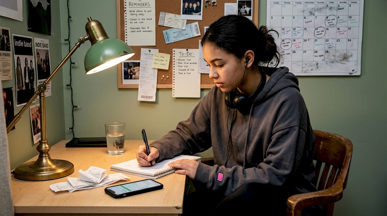 Teen tracking expenses at desk with receipts