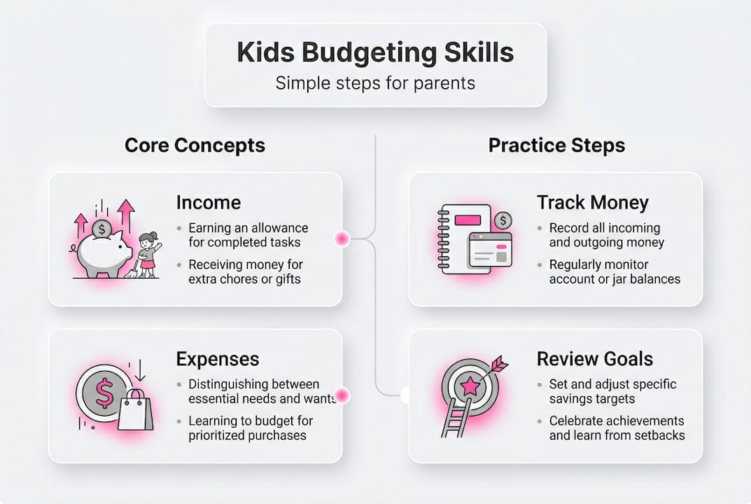 Infographic outlining basic kids budgeting steps