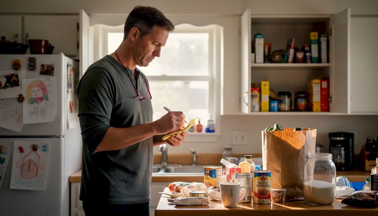Parent reviewing pantry for meal planning prep