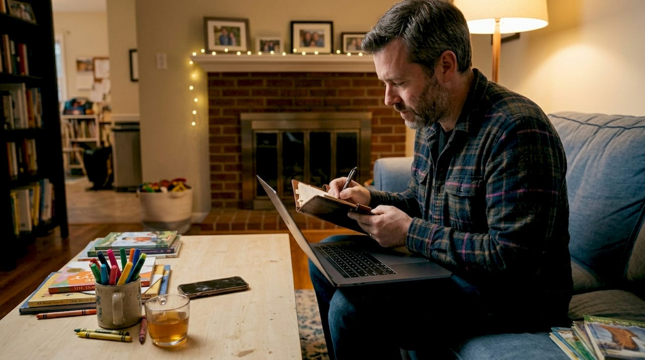 Parent using planner and laptop for home tasks