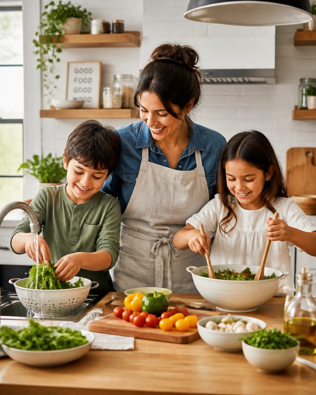 A family happily preparing a meal together in a bright kitchen
