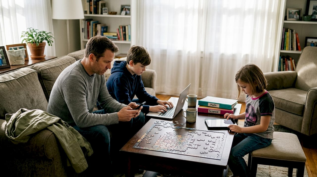 Family using devices for weekly schedule planning