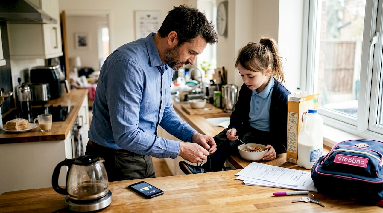 Tired parent helping child in busy kitchen
