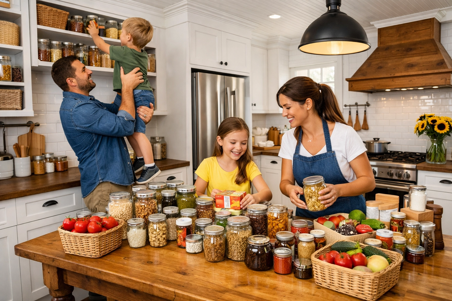 A family using home organization tips to group items during a kitchen pantry reset.