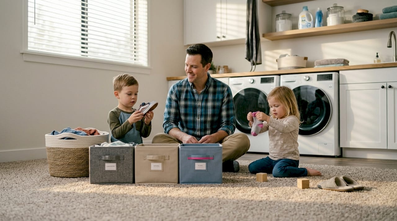 Family sorting clothes on bedroom floor