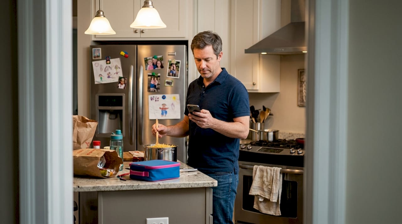 Parent tracking schedule in cluttered kitchen