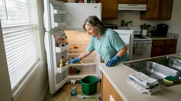 A woman performing a refrigerator reset, showing how small, regular cleaning routines keep a kitchen functional and stress-free.