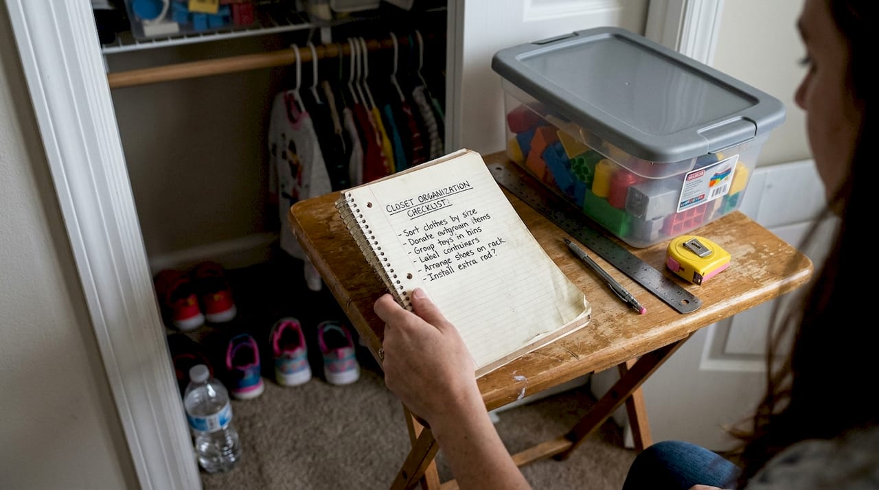 Hand holding closet organization checklist in closet