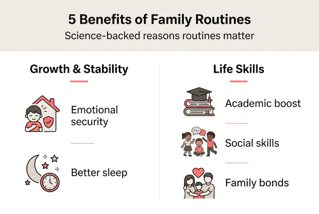 Infographic of five benefits of family routines