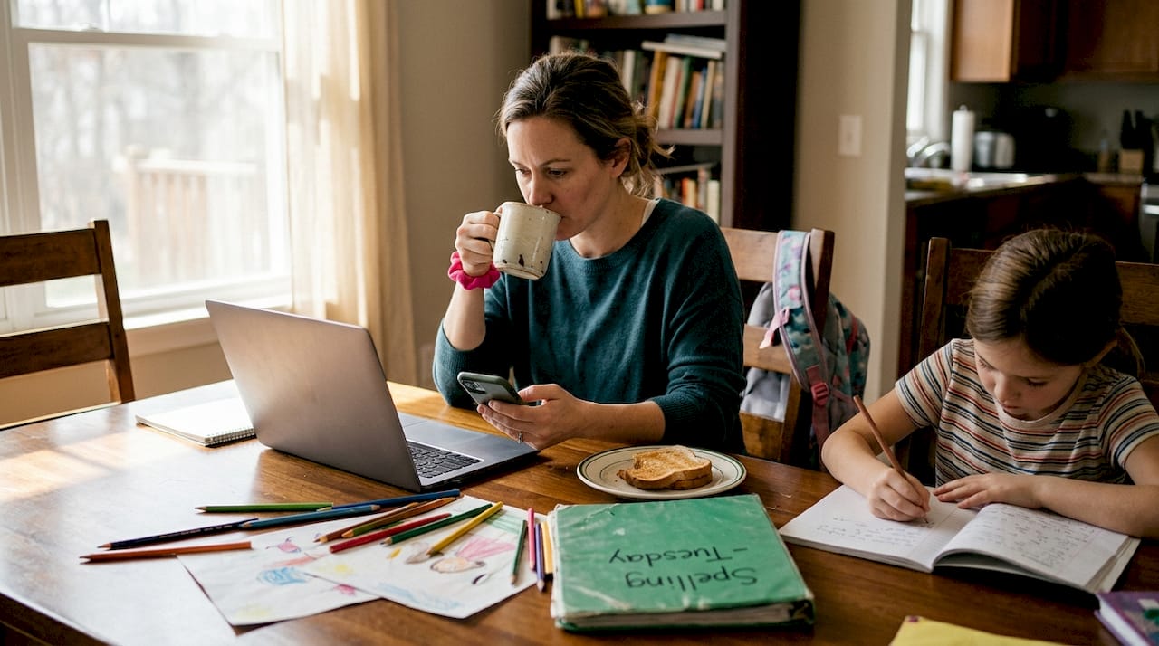 Parent working from home with child nearby