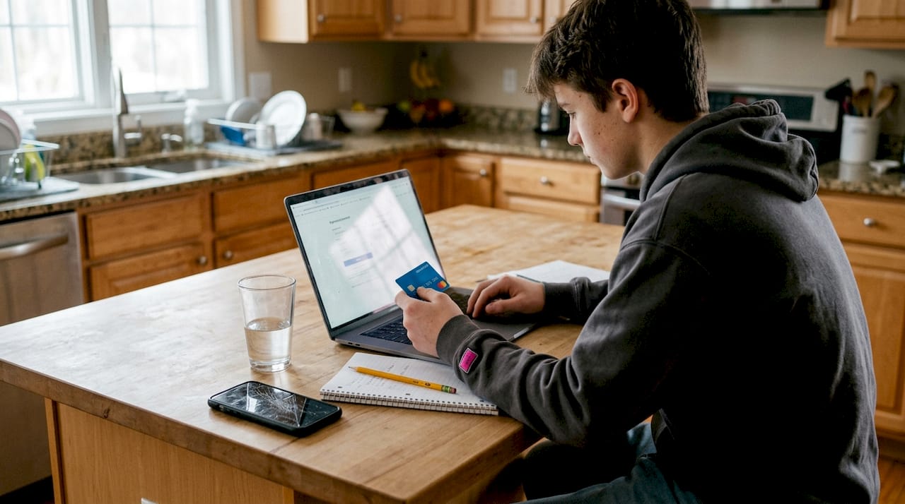 Teen manages online spending at home laptop