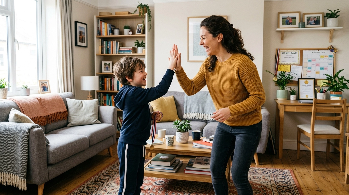 Single mom giving her son a high-five