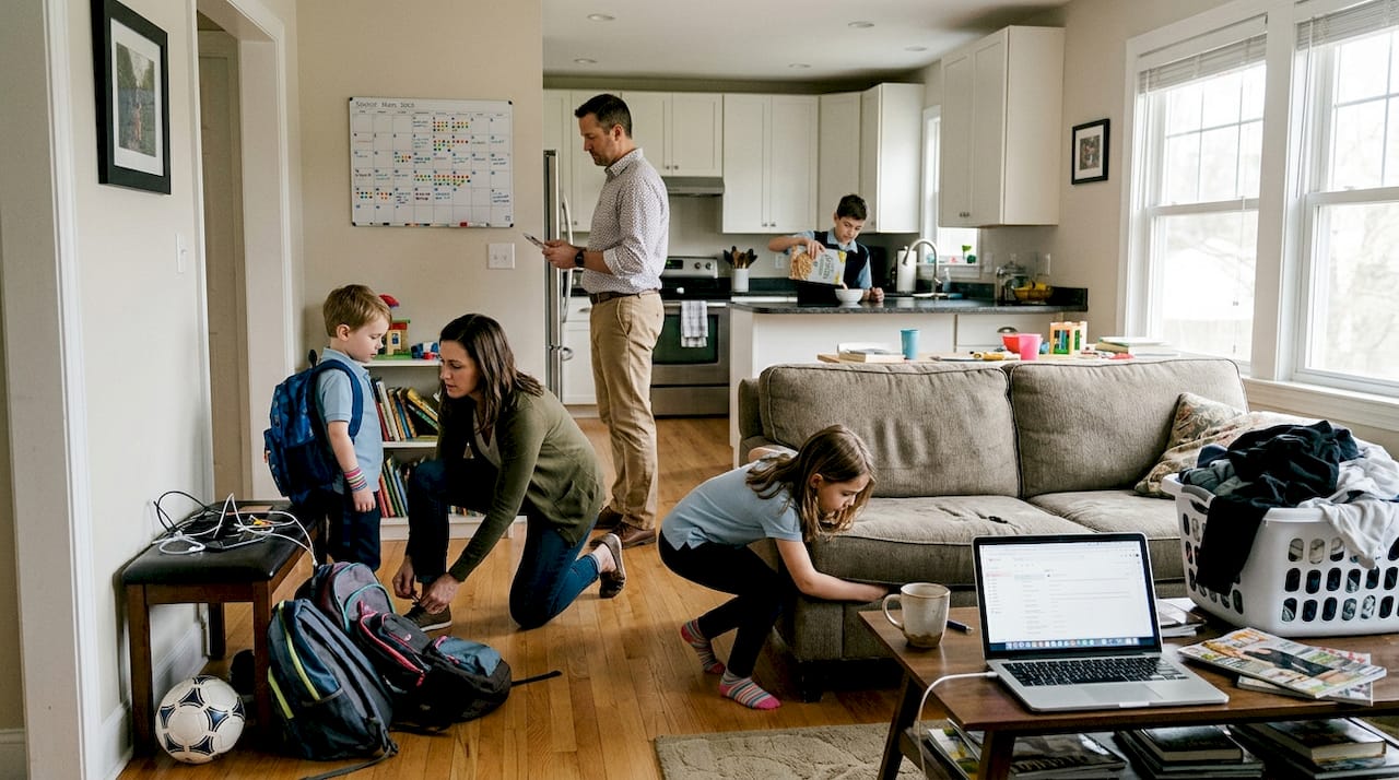 Chaotic family morning with visible planners