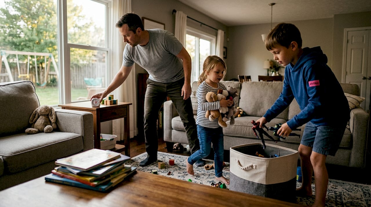 Family cleaning up toys together quickly