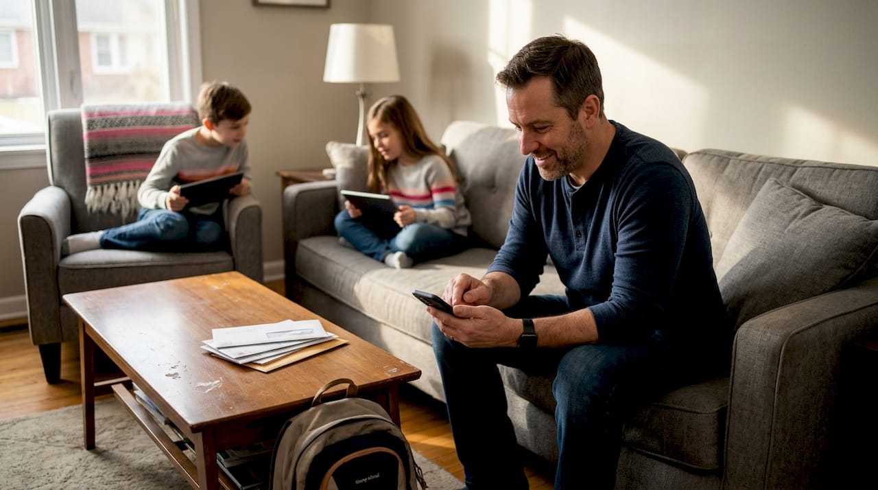 Family checking planning apps for schedules