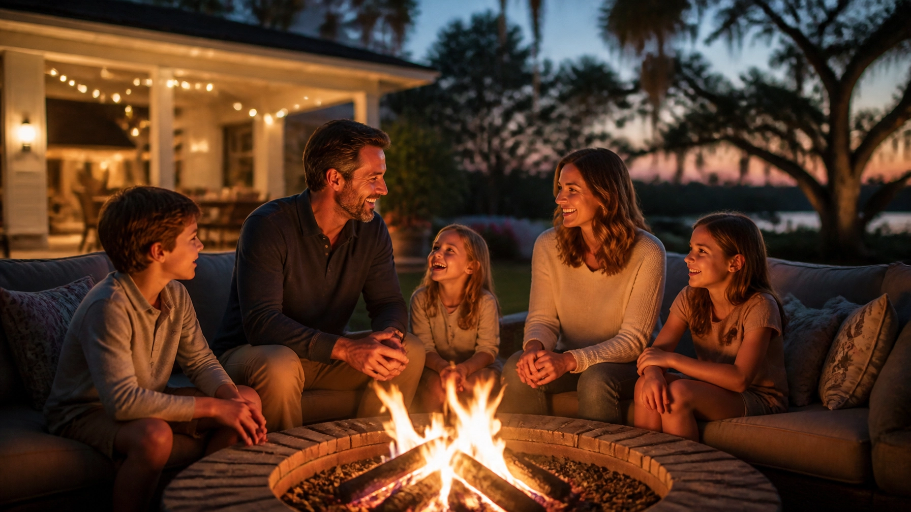 A family gathering around an outdoor fire pit at dusk, highlighting the importance of connection and family time.