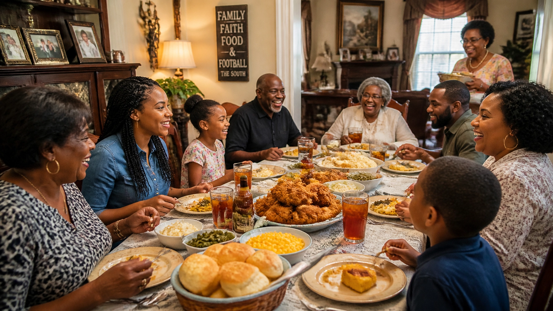 A large family gathering for a traditional Sunday dinner, celebrating their shared culture