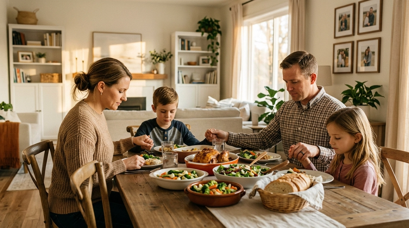 Traditional Christian family praying over dinner