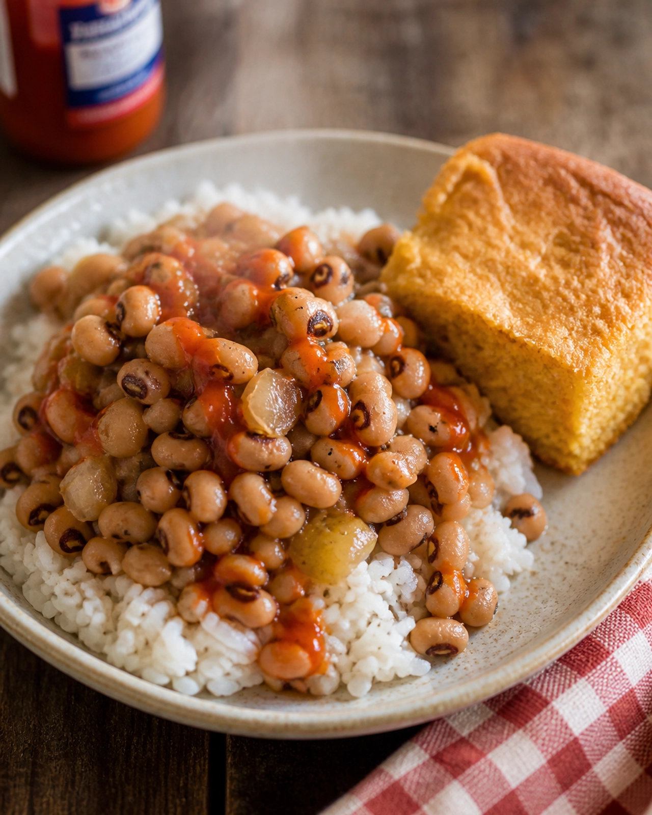 A steaming plate of Southern comfort food: black-eyed peas over white rice with a golden square of cornbread.