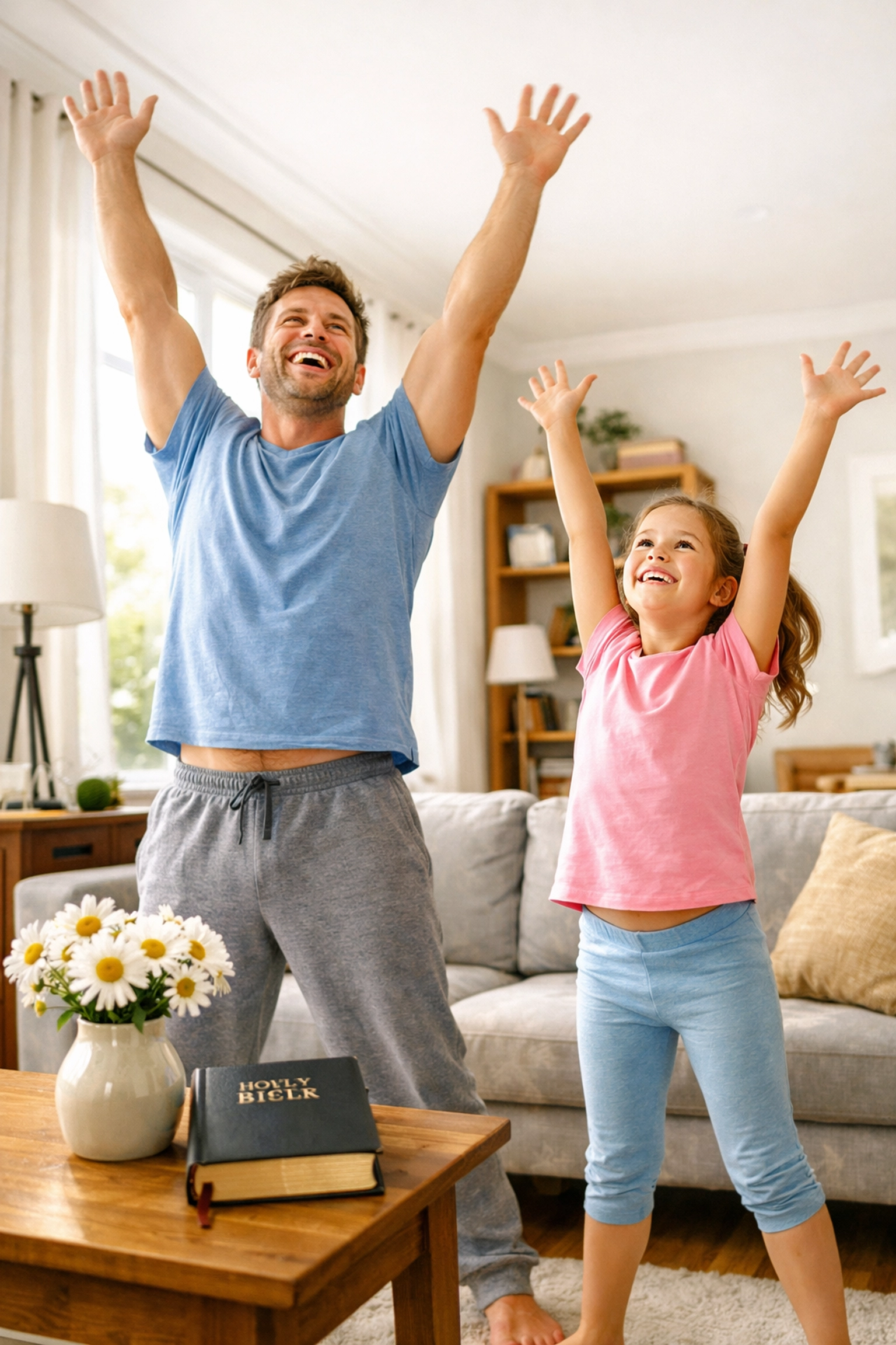 A father and daughter stretching to start a balanced daily routine for personal development.