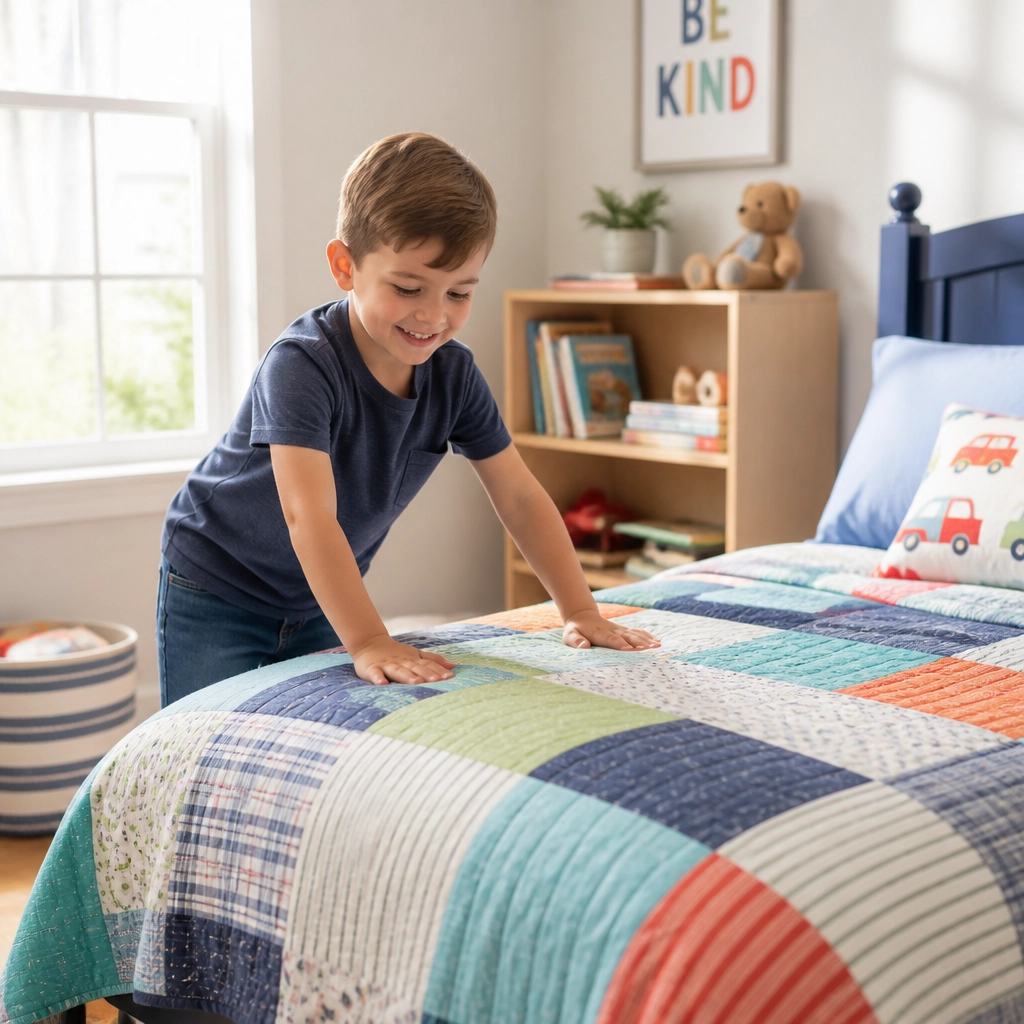 A young boy proudly making his bed
