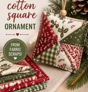 A handmade quilted cotton square ornament in red, green, and cream holiday patterns hangs near folded fabric squares and pine branches. Text reads: Cotton square ornament from fabric scraps!.