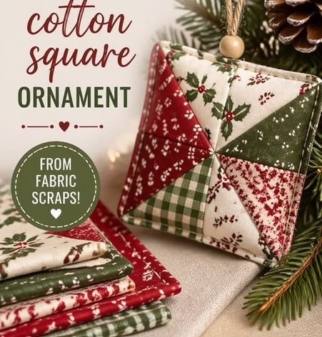 A handmade quilted cotton square ornament in red, green, and cream holiday patterns hangs near folded fabric squares and pine branches. Text reads: Cotton square ornament from fabric scraps!.