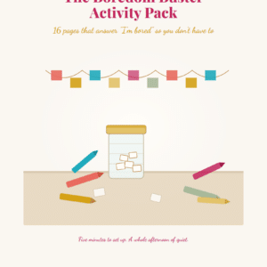 A jar with colored paper strips sits on a table. Pencils and paper surround it. Colorful flags hang above. Text reads The Boredom Buster Activity Pack and promotes a kids craft activity pack.