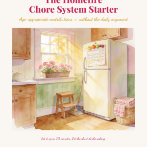 A cozy kitchen with a window, plants, broom, and basket. A chore chart is on the fridge. Sunlight streams in, creating a warm, inviting atmosphere. Text describes the Homefire Chore System Starter.