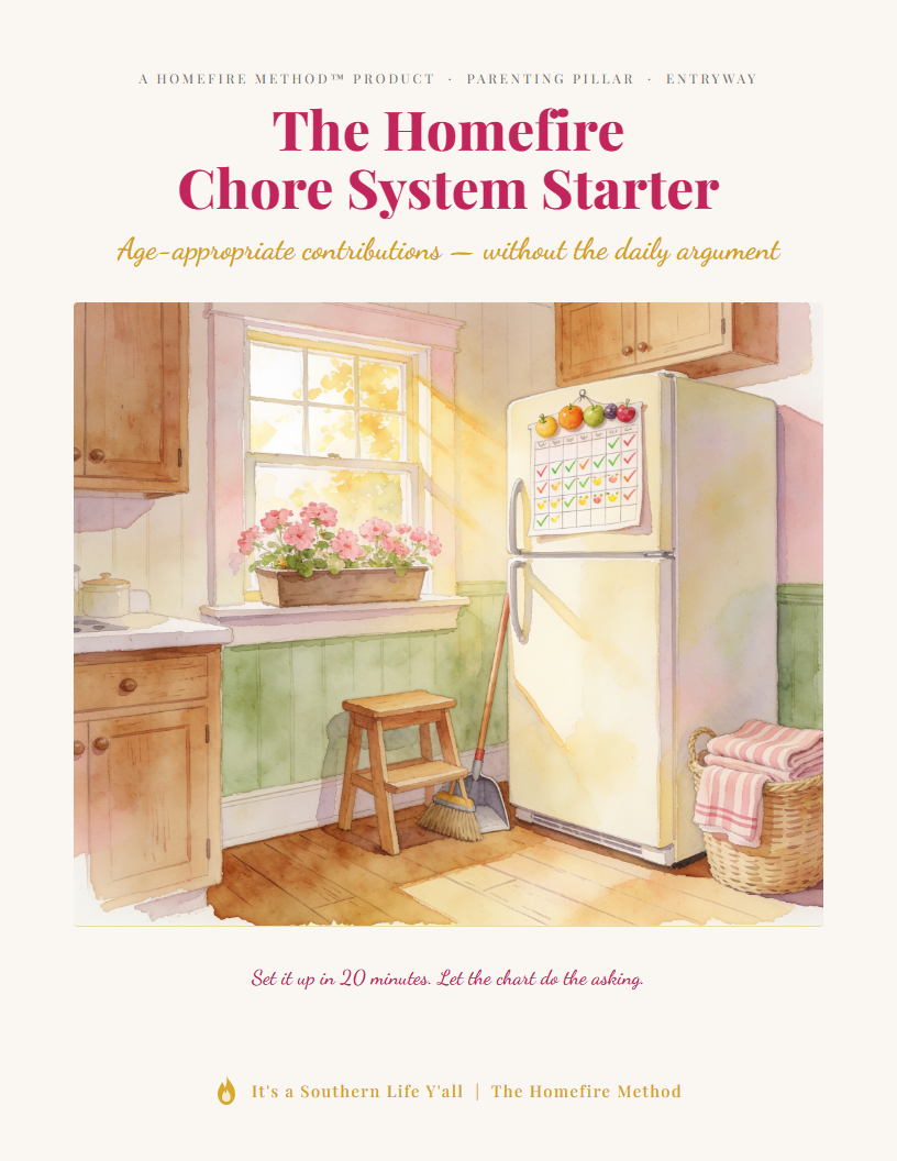 A cozy kitchen with a window, plants, broom, and basket. A chore chart is on the fridge. Sunlight streams in, creating a warm, inviting atmosphere. Text describes the Homefire Chore System Starter.