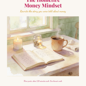 A cozy scene with an open book, a cup of coffee, and a jar candle on a wooden table near a sunlit window. Text reads: “The Homefire Money Mindset. Rewrite the story you were told about money.”.