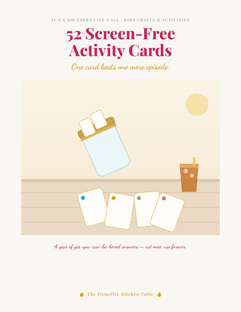 A graphic shows a jar with cards, four cards on a table, a drink, and a sun. Text reads 52 Screen-Free Activity Cards with a tagline about beating watching another episode.