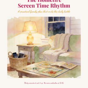 Watercolor of a cozy porch with a chair, blanket, pillow, side table, and basket of electronic devices. Text reads: The Homefire Screen Time Rhythm, a family plan for managing screen time.