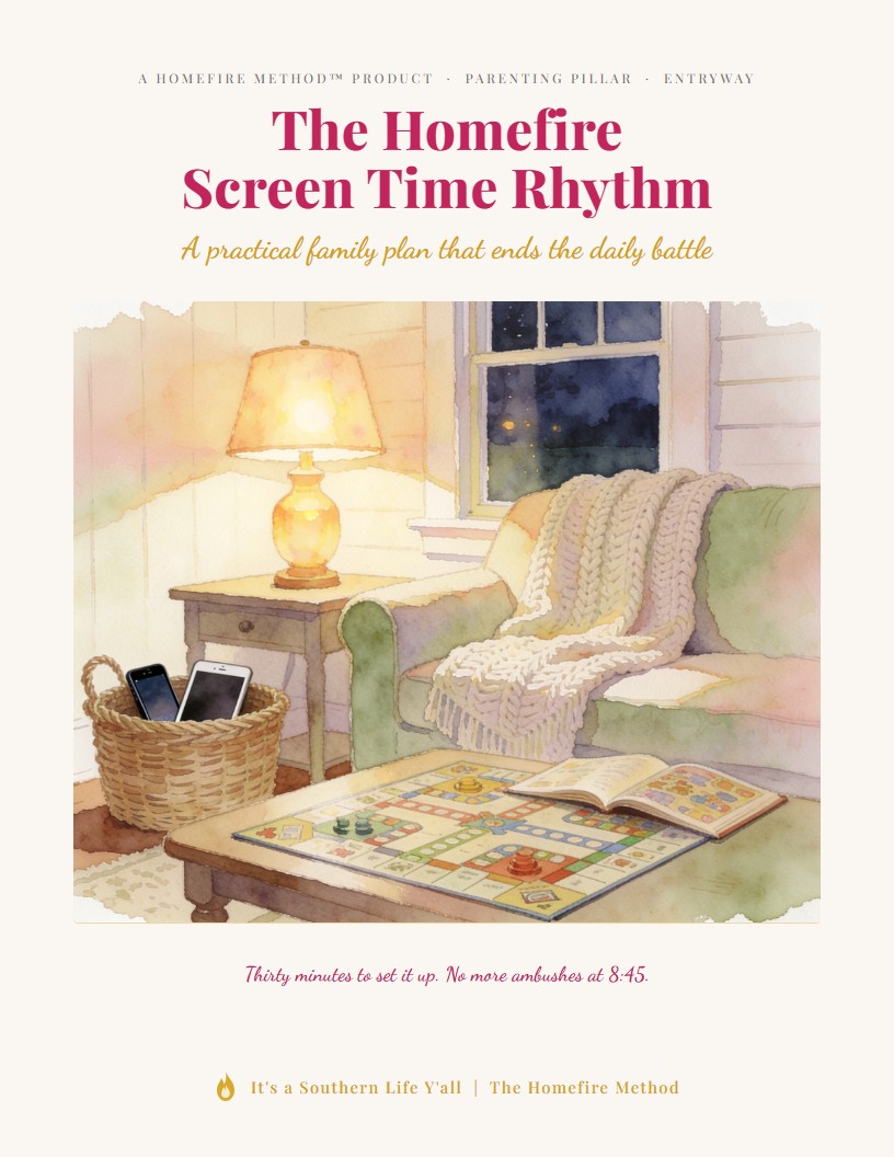 Watercolor of a cozy porch with a chair, blanket, pillow, side table, and basket of electronic devices. Text reads: The Homefire Screen Time Rhythm, a family plan for managing screen time.