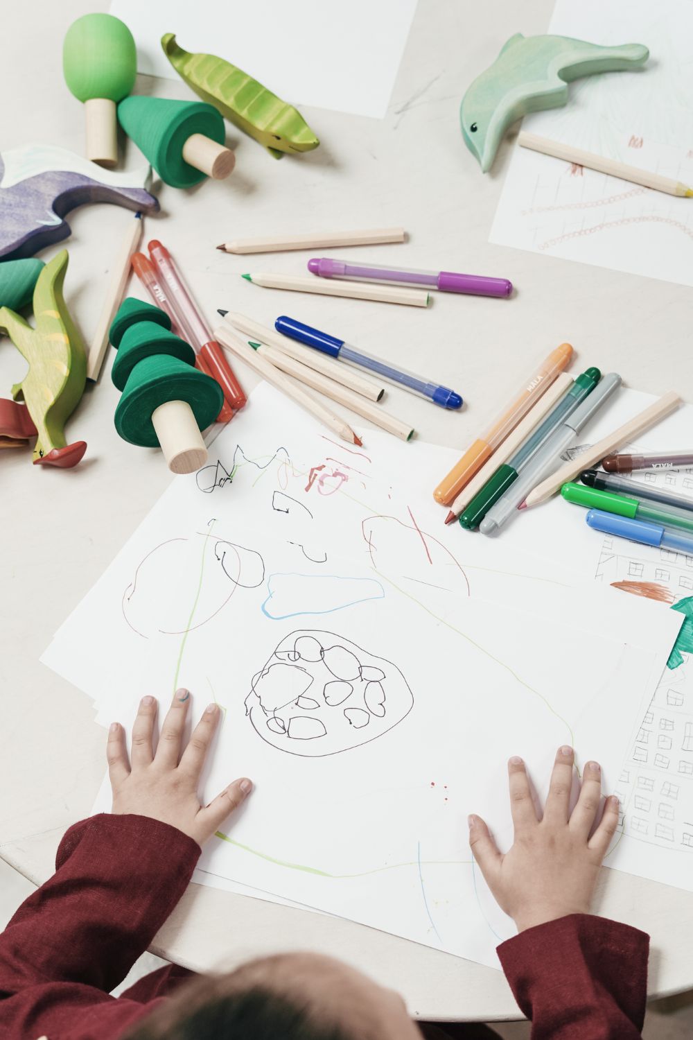 A top down view of a child's artwork