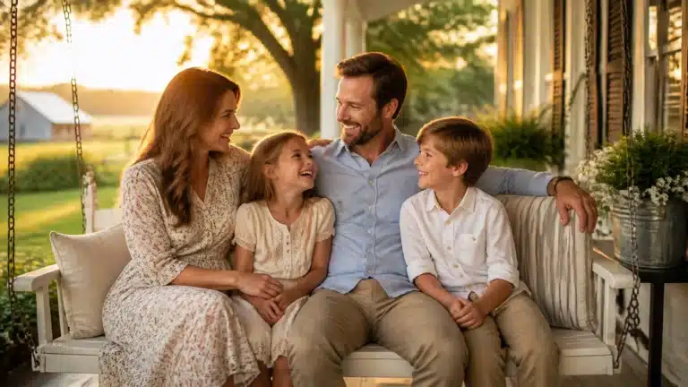 A smiling family of four sits together on a porch swing at sunset, sharing a joyful moment. The parents and two children are casually dressed and surrounded by greenery, with warm sunlight in the background.