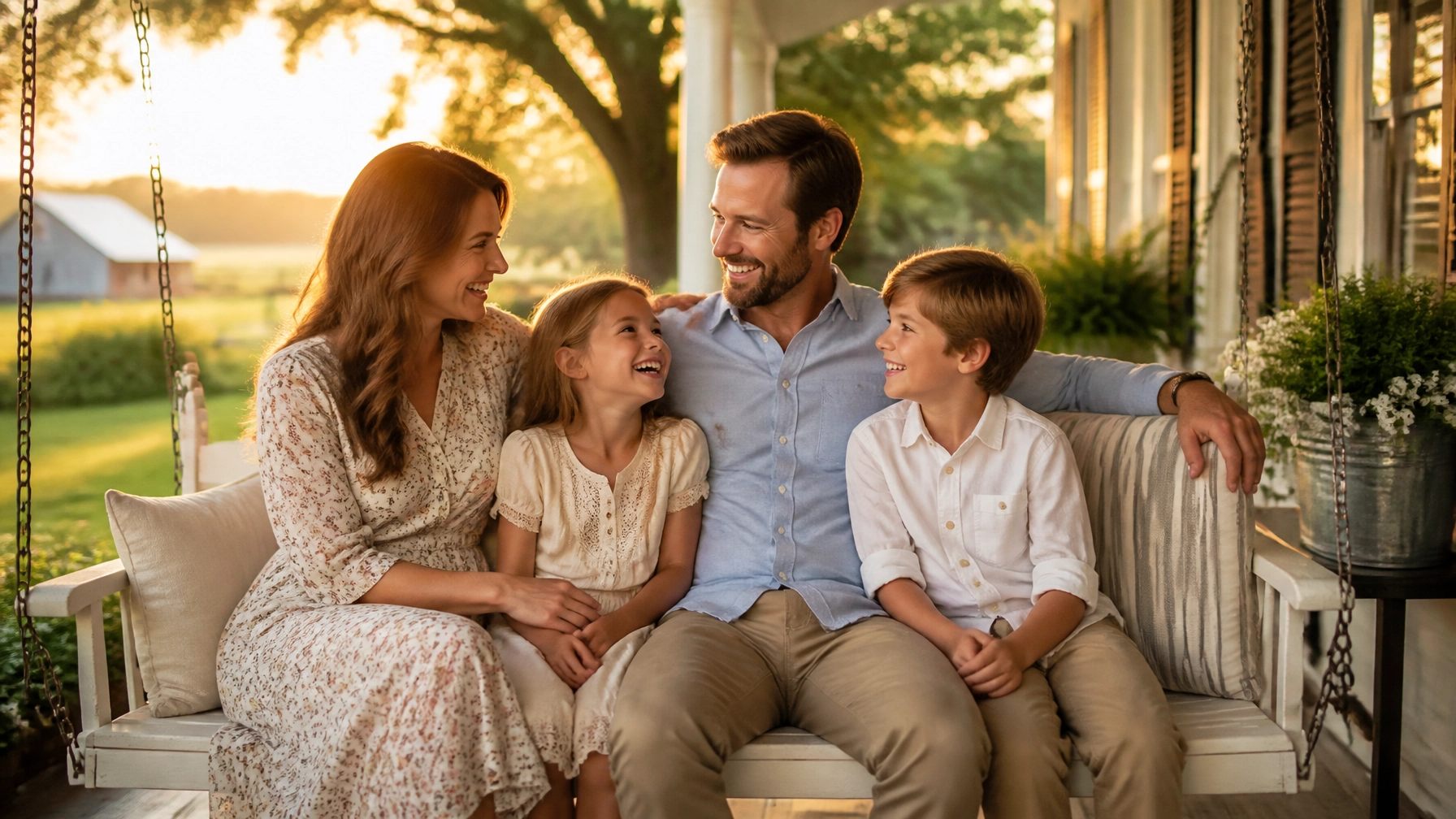 A smiling family of four sits together on a porch swing at sunset, sharing a joyful moment. The parents and two children are casually dressed and surrounded by greenery, with warm sunlight in the background.
