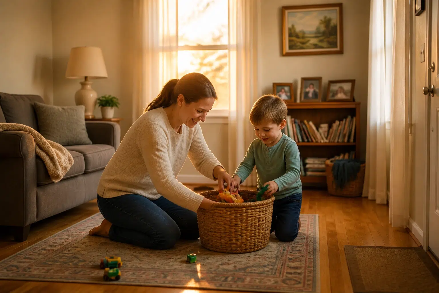 A woman and a young boy kneel on a rug in a cozy living room, smiling and playing with toys from a woven basket as sunlight streams through a window.