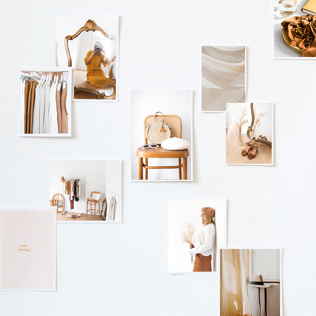 A collage of photos featuring neutral-toned fashion, a chair with accessories, clothing racks, shoes, and minimalistic décor, all arranged on a white wall.