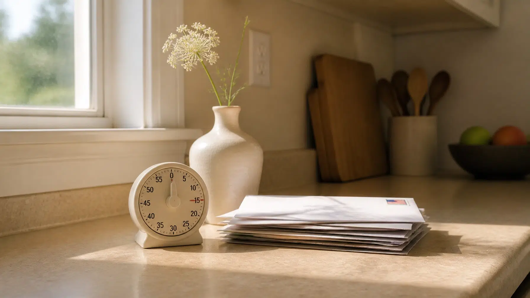 A kitchen counter with a stack of mail, a white vase holding flowers, a kitchen timer, and cutting boards in the background near a sunny window.