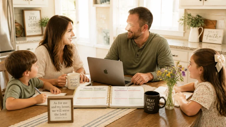A family of four sits at a kitchen table, smiling and talking. There’s a laptop, notebooks, mugs, and a vase of flowers on the table, with religious-themed decor in the background.